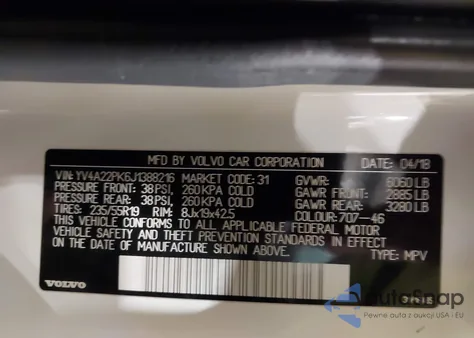 2018 Volvo Xc90 T6 Momentum z USA, uszkodzony, nr VIN YV4A22PK6J1388216